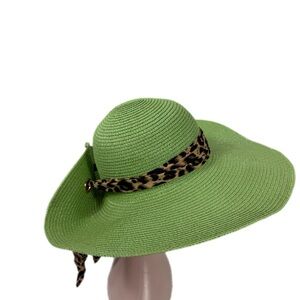 Green Wide Brim Hat with Leopard Band